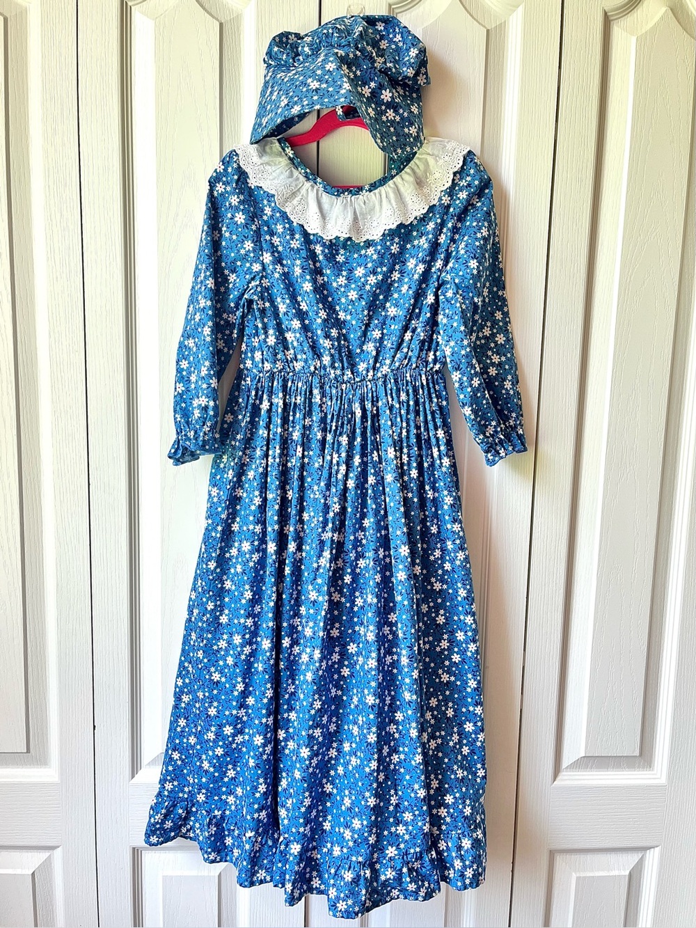 Blue Floral Prairie Pioneer Dress & Bonnet Hat Set Girls Medium 8/10